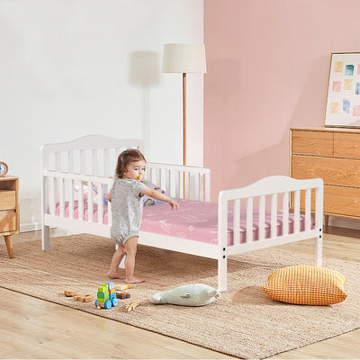 Classic Design Kids Wood Toddler Bed Frame with Two Side Safety Guardrails-White