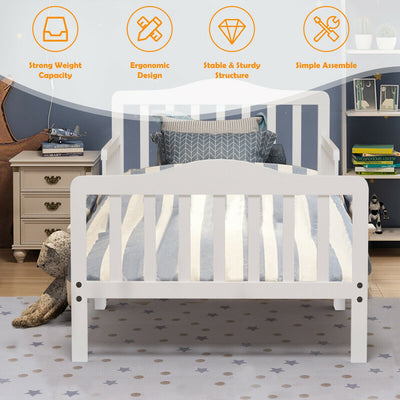 Classic Design Kids Wood Toddler Bed Frame with Two Side Safety Guardrails-White