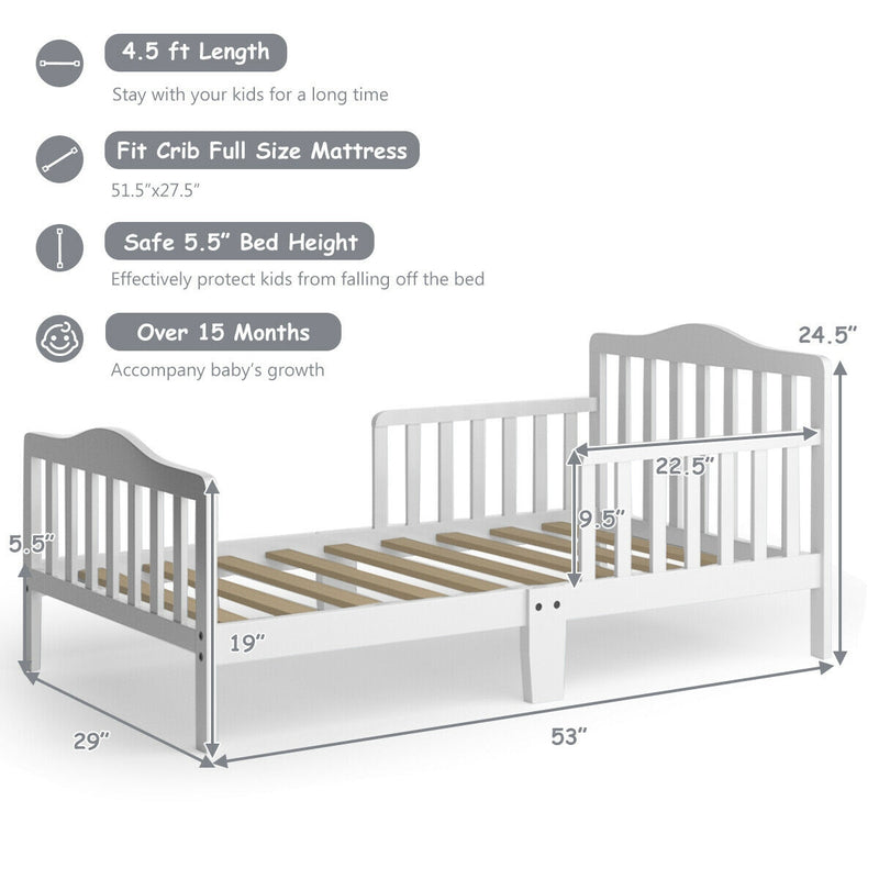 Classic Design Kids Wood Toddler Bed Frame with Two Side Safety Guardrails-White