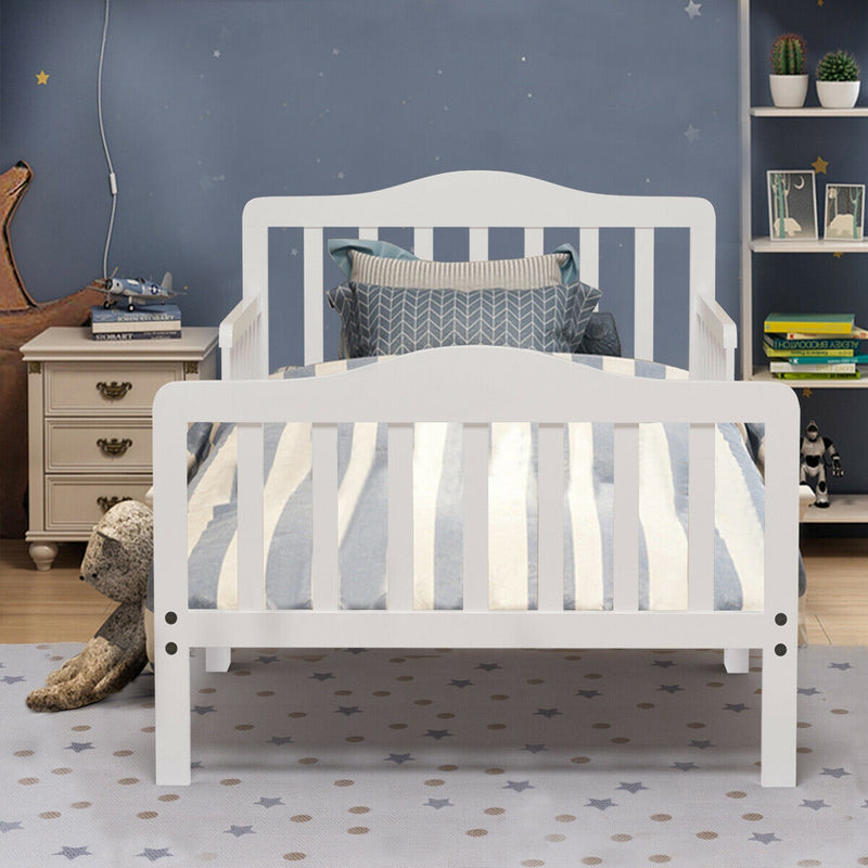 Classic Design Kids Wood Toddler Bed Frame with Two Side Safety Guardrails-White