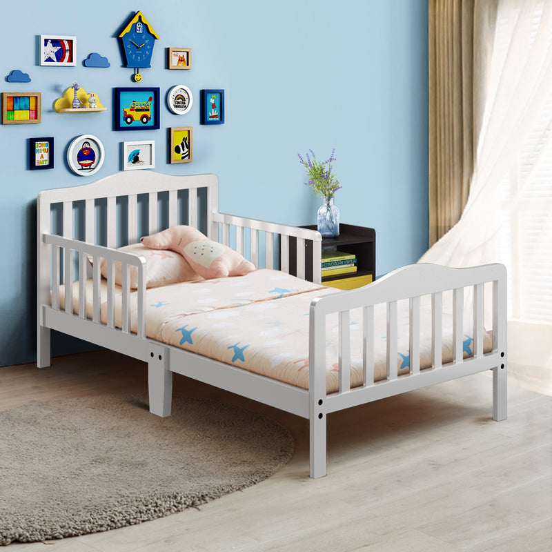 Classic Design Kids Wood Toddler Bed Frame with Two Side Safety Guardrails-White