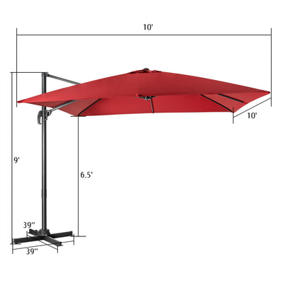 10 x 10 Feet Cantilever Offset Square Patio Umbrella with 3 Tilt Settings-Wine