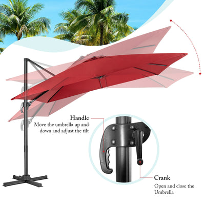 10 x 10 Feet Cantilever Offset Square Patio Umbrella with 3 Tilt Settings-Wine