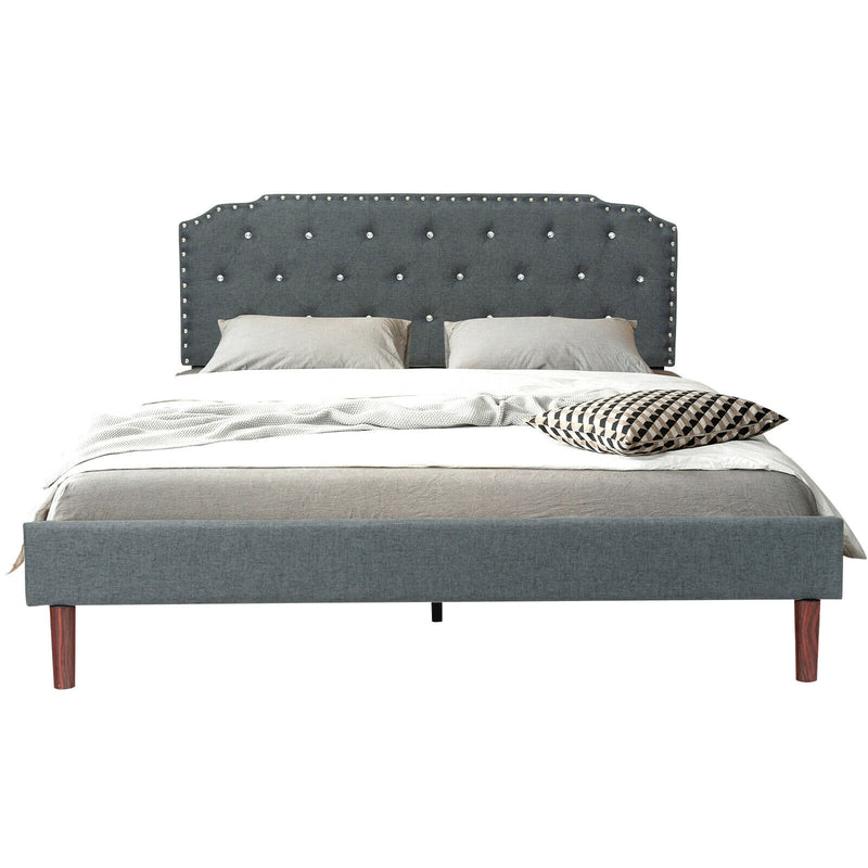 Upholstered Bed Frame with Adjustable Diamond Button Headboard-Queen Size