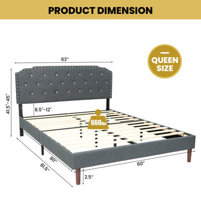 Upholstered Bed Frame with Adjustable Diamond Button Headboard-Queen Size