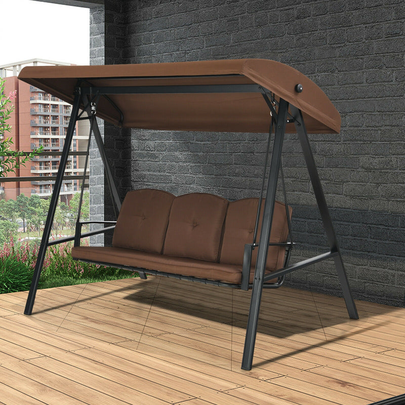 Outdoor 3-Seat Porch Swing with Adjust Canopy and Cushions-Coffee