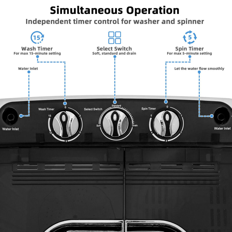 8 Lbs Compact Mini Twin Tub Washing Spiner Machine for Home and Apartment