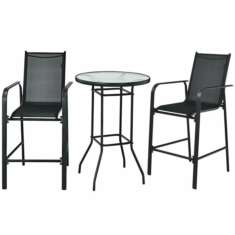 3 Pieces Outdoor Patio Bar Table Stool Set-Black