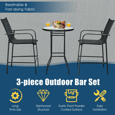 3 Pieces Outdoor Patio Bar Table Stool Set-Black