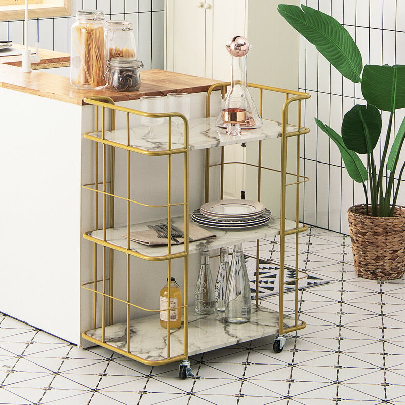 3-Tier Metal Kitchen Storage Serving Cart Trolley with Marble Tabletop and Handles