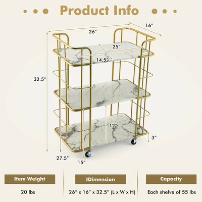 3-Tier Metal Kitchen Storage Serving Cart Trolley with Marble Tabletop and Handles