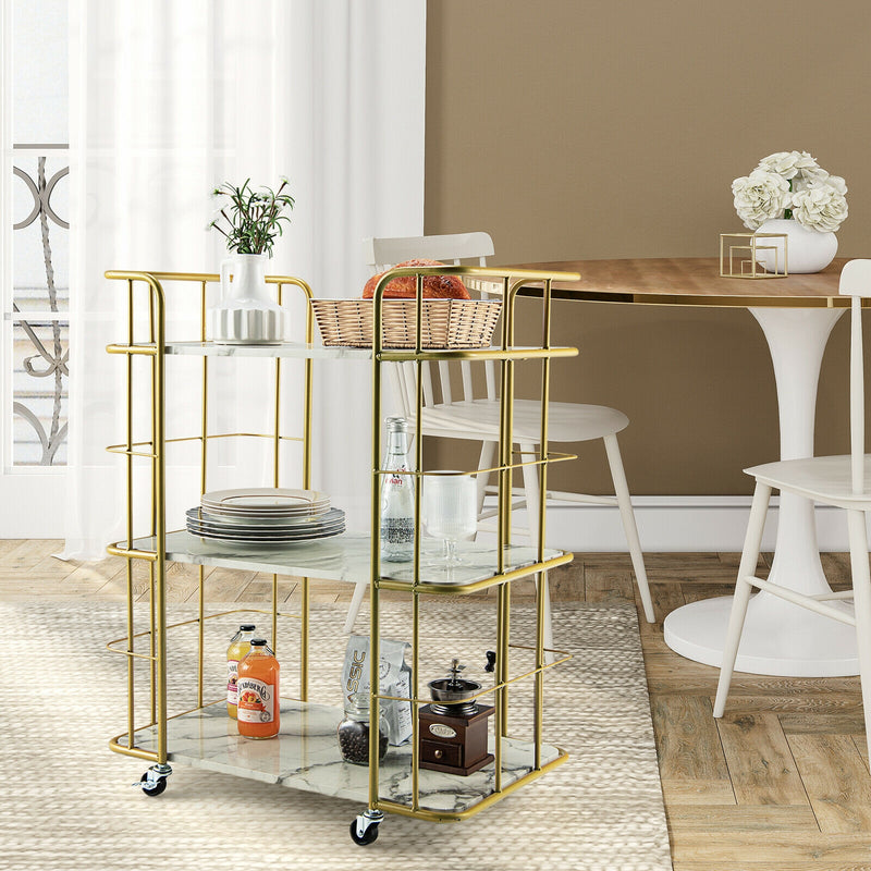 3-Tier Metal Kitchen Storage Serving Cart Trolley with Marble Tabletop and Handles