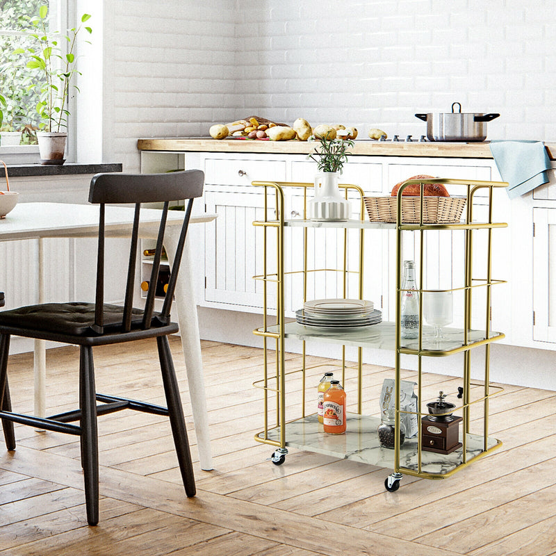 3-Tier Metal Kitchen Storage Serving Cart Trolley with Marble Tabletop and Handles