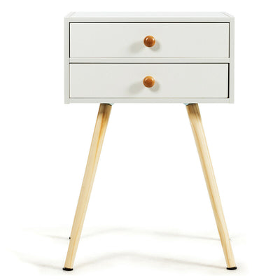 Mid Century Modern 2 Drawers Nightstand in Natural-White