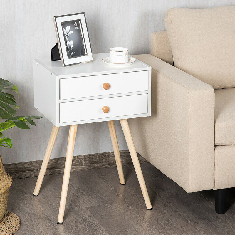 Mid Century Modern 2 Drawers Nightstand in Natural-White