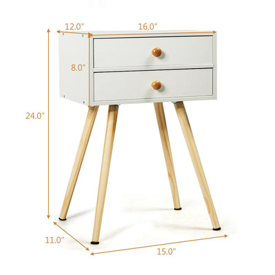 Mid Century Modern 2 Drawers Nightstand in Natural-White