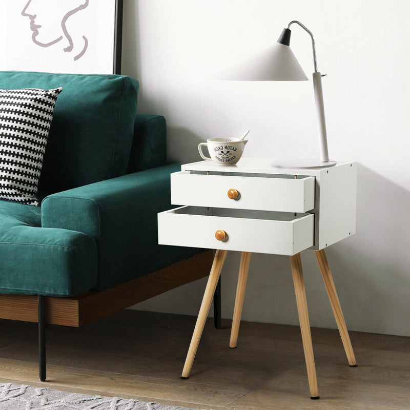 Mid Century Modern 2 Drawers Nightstand in Natural-White