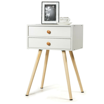 Mid Century Modern 2 Drawers Nightstand in Natural-White