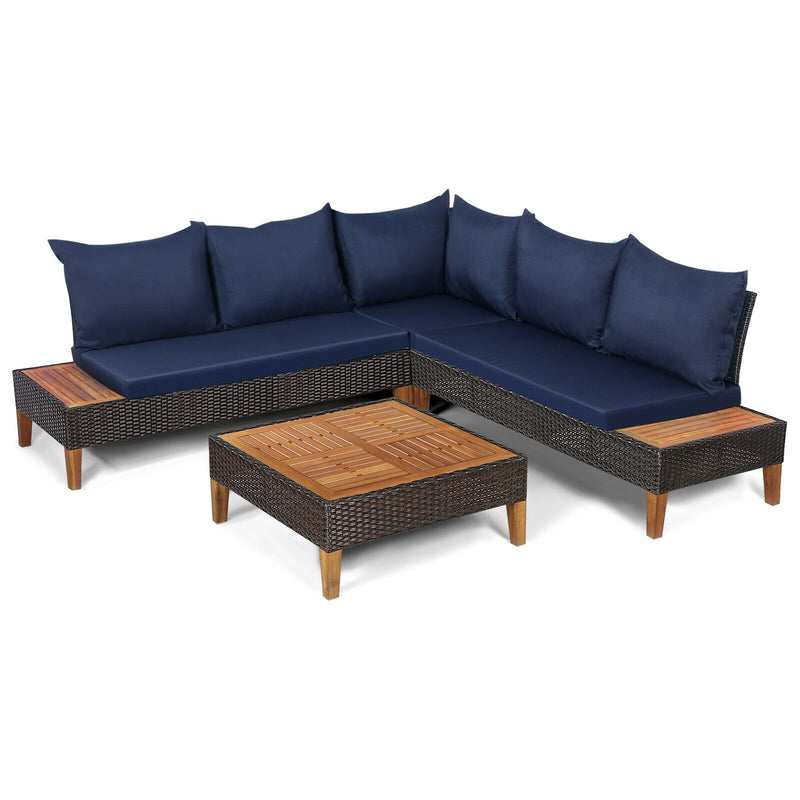 4 Pieces Patio Cushioned Rattan Furniture Set with Wooden Side Table-Navy