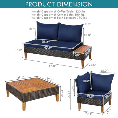 4 Pieces Patio Cushioned Rattan Furniture Set with Wooden Side Table-Navy