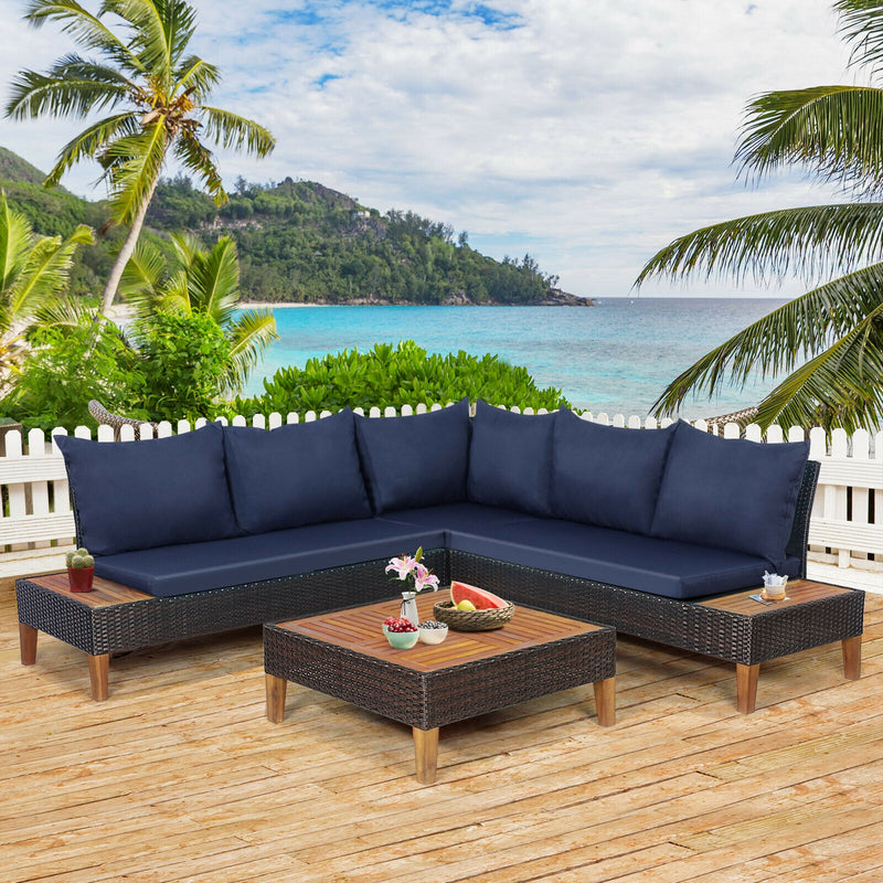 4 Pieces Patio Cushioned Rattan Furniture Set with Wooden Side Table-Navy