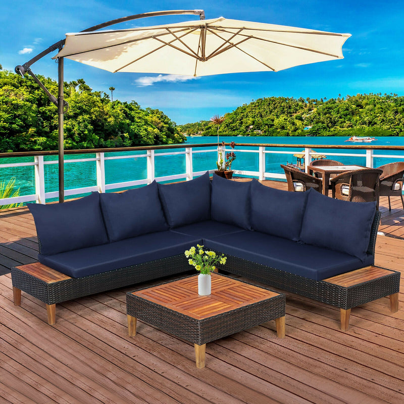 4 Pieces Patio Cushioned Rattan Furniture Set with Wooden Side Table-Navy