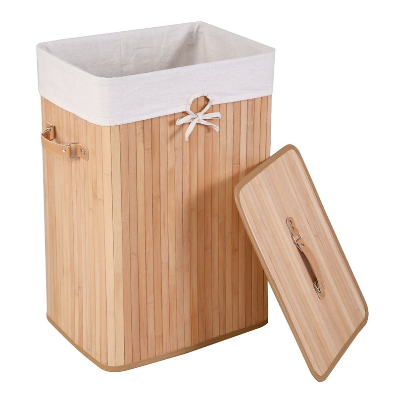 Rectangle Bamboo Hamper Laundry Basket Washing Cloth Bin Storage Bag Lid-Natural