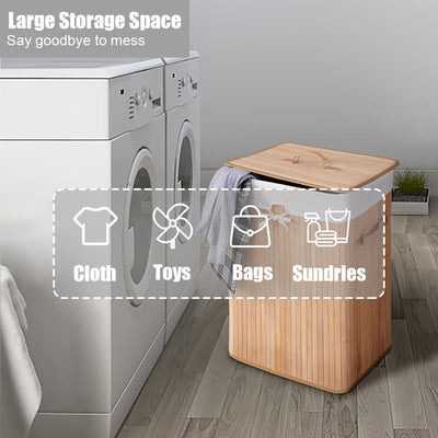 Rectangle Bamboo Hamper Laundry Basket Washing Cloth Bin Storage Bag Lid-Natural