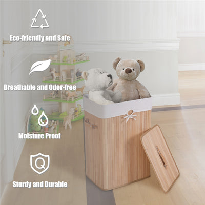 Rectangle Bamboo Hamper Laundry Basket Washing Cloth Bin Storage Bag Lid-Natural