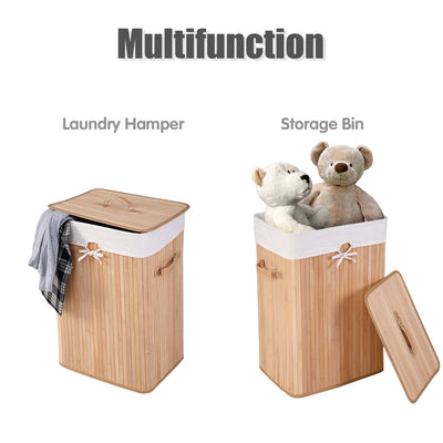 Rectangle Bamboo Hamper Laundry Basket Washing Cloth Bin Storage Bag Lid-Natural