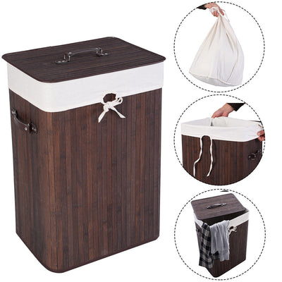 Rectangle Bamboo Hamper Laundry Basket Washing Cloth Bin Storage Bag Lid-Brown