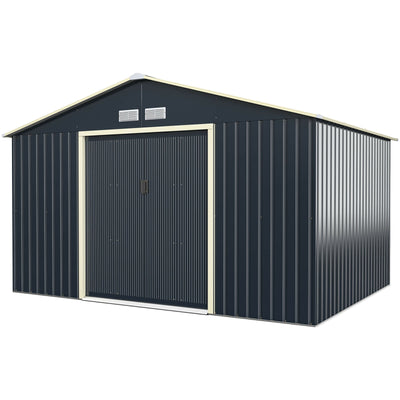 11 x 8 Feet Metal Storage Shed for Garden and Tools with 2 Lockable Sliding Doors-Gray