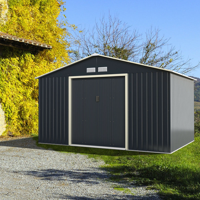 11 x 8 Feet Metal Storage Shed for Garden and Tools with 2 Lockable Sliding Doors-Gray