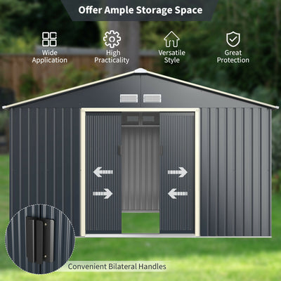 11 x 8 Feet Metal Storage Shed for Garden and Tools with 2 Lockable Sliding Doors-Gray