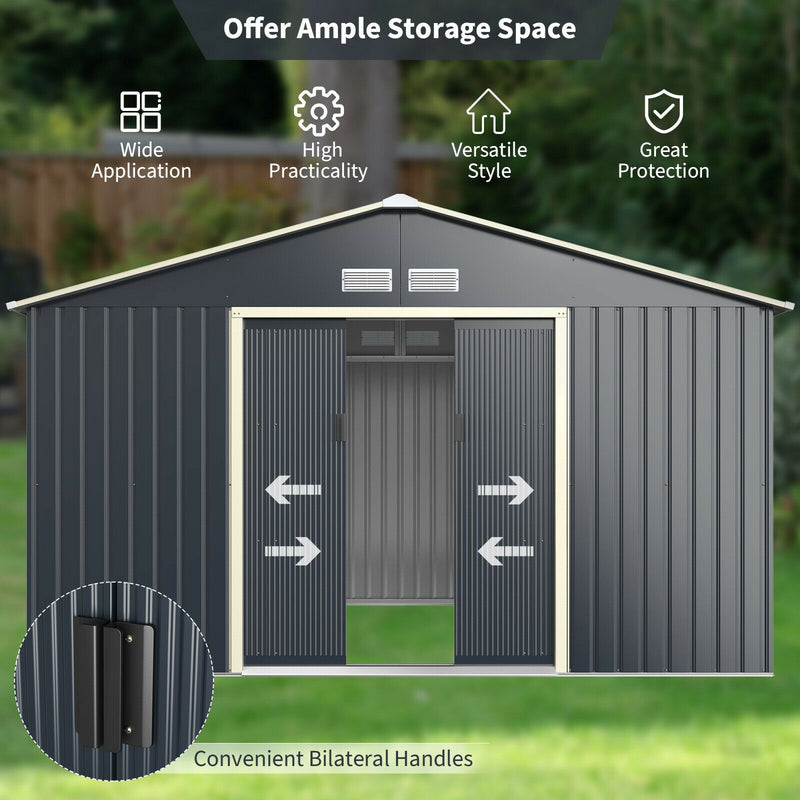 11 x 8 Feet Metal Storage Shed for Garden and Tools with 2 Lockable Sliding Doors-Gray