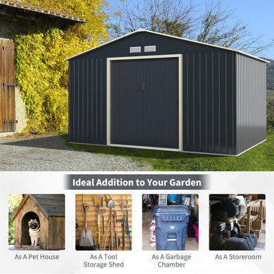 11 x 8 Feet Metal Storage Shed for Garden and Tools with 2 Lockable Sliding Doors-Gray