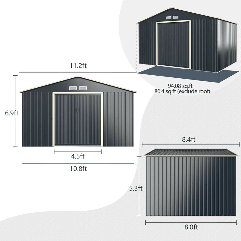 11 x 8 Feet Metal Storage Shed for Garden and Tools with 2 Lockable Sliding Doors-Gray