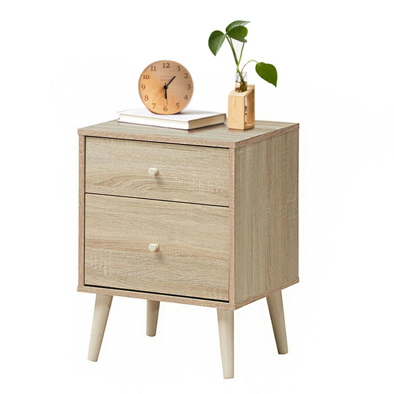 2-Drawer Nightstand Beside End Side Table with Rubber Legs-Natural