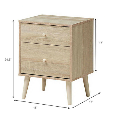 2-Drawer Nightstand Beside End Side Table with Rubber Legs-Natural