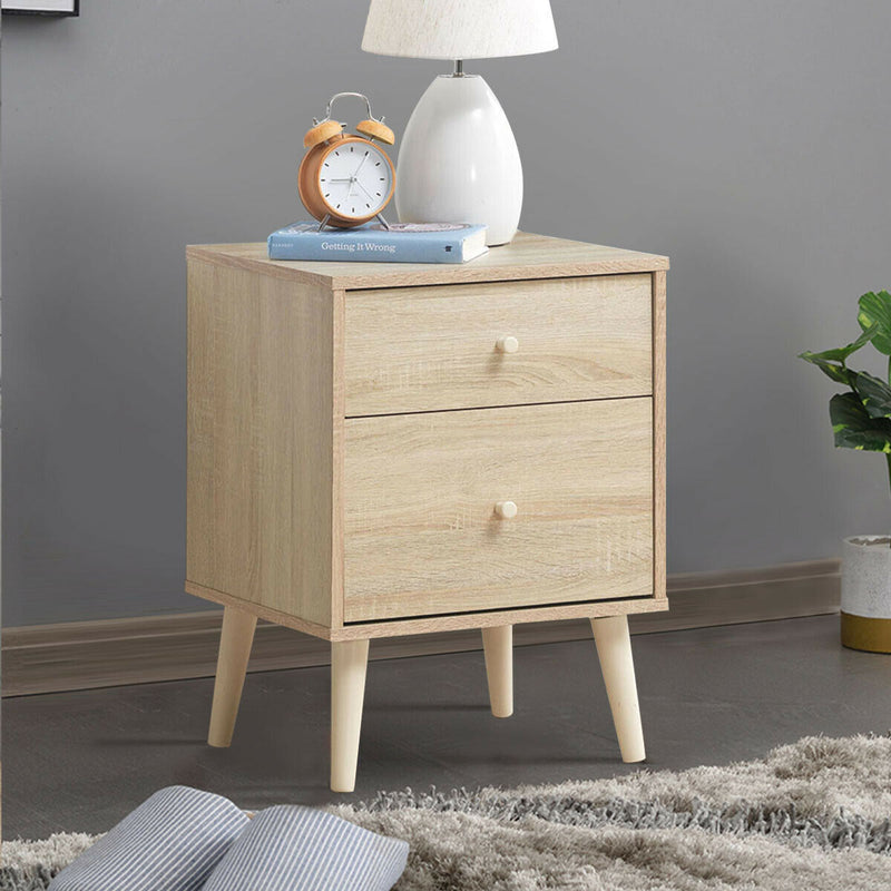 2-Drawer Nightstand Beside End Side Table with Rubber Legs-Natural