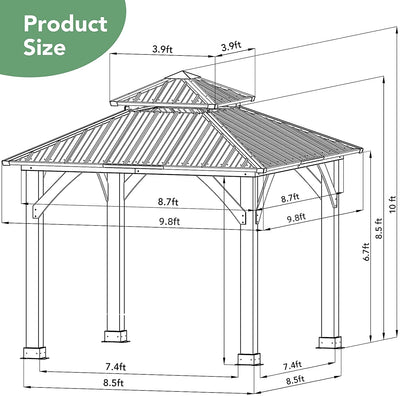 10 x 10 Feet Patio Pine Wood Hardtop Gazebo with Double Steel Roof for Outdoor-Gray