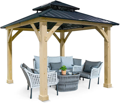 10 x 10 Feet Patio Pine Wood Hardtop Gazebo with Double Steel Roof for Outdoor-Gray