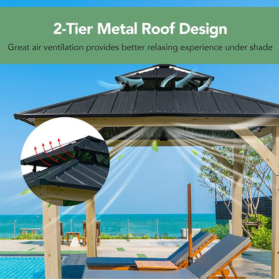 10 x 10 Feet Patio Pine Wood Hardtop Gazebo with Double Steel Roof for Outdoor-Gray