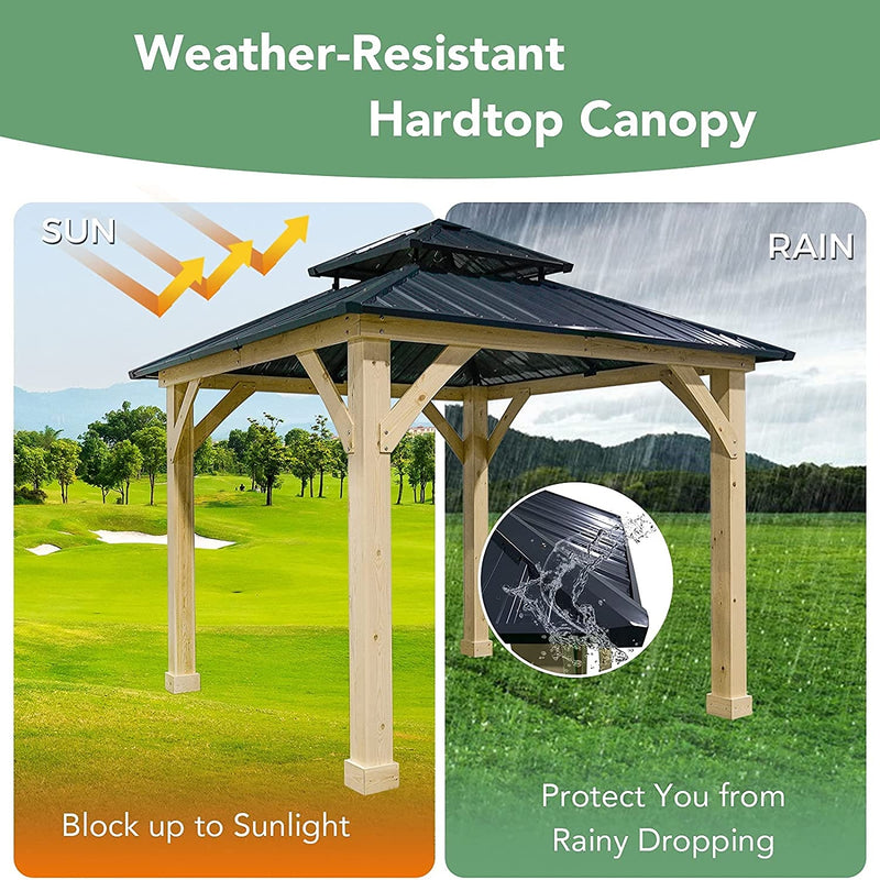 10 x 10 Feet Patio Pine Wood Hardtop Gazebo with Double Steel Roof for Outdoor-Gray