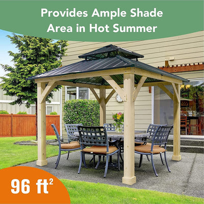 10 x 10 Feet Patio Pine Wood Hardtop Gazebo with Double Steel Roof for Outdoor-Gray