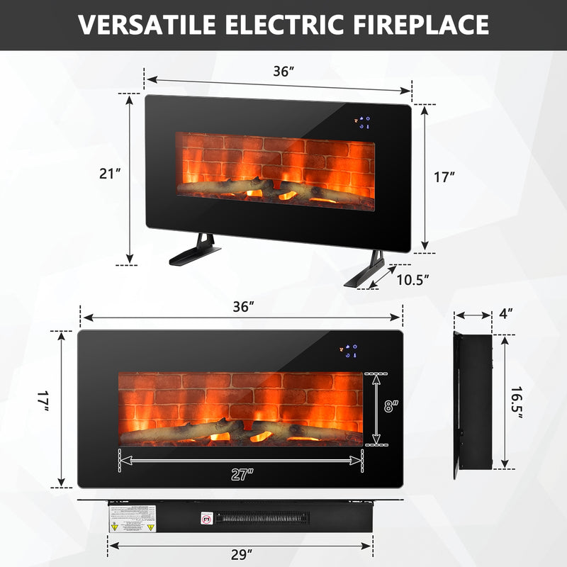 36 Inch Electric Wall Mounted Freestanding Fireplace with Remote Control-Black