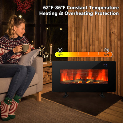 36 Inch Electric Wall Mounted Freestanding Fireplace with Remote Control-Black