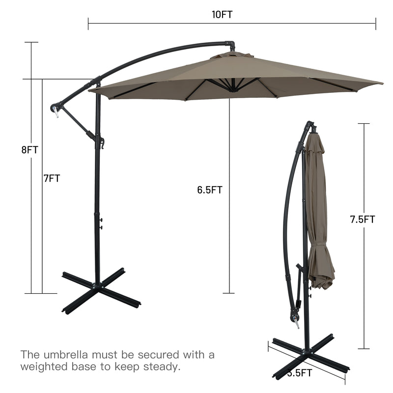 10FT Offset Umbrella with 8 Ribs Cantilever and Cross Base Tilt Adjustment-Brown