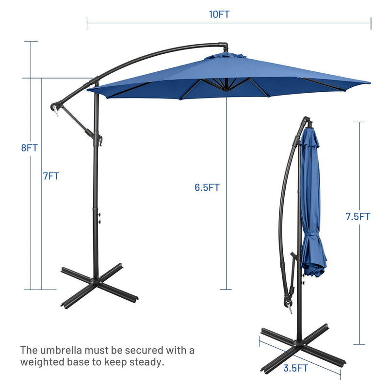 10FT Offset Umbrella with 8 Ribs Cantilever and Cross Base Tilt Adjustment-Blue