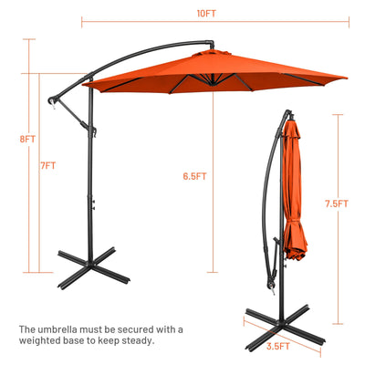 10FT Offset Umbrella with 8 Ribs Cantilever and Cross Base Tilt Adjustment-Orange